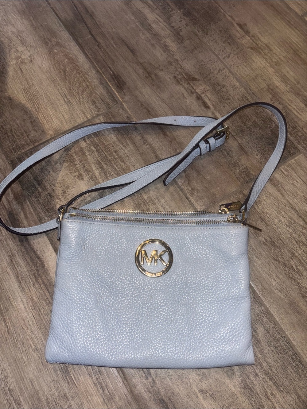 Michael Kors Pale Blue Pebbled Leather Crossbody with Gold MK Logo